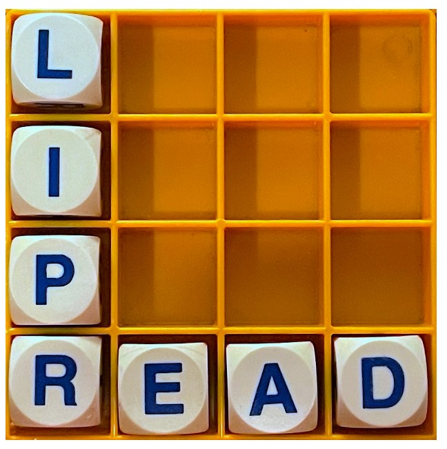 Picture of 4 by 4 box with dice sized letters in from top left to bottom left L I P R, then from the R across bottom left to bottom right R E A D. The dice are white with blue capital letters